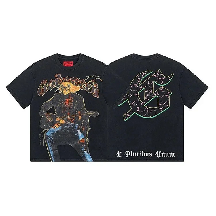 Skull round neck large size loose short sleeve washed T-shirt