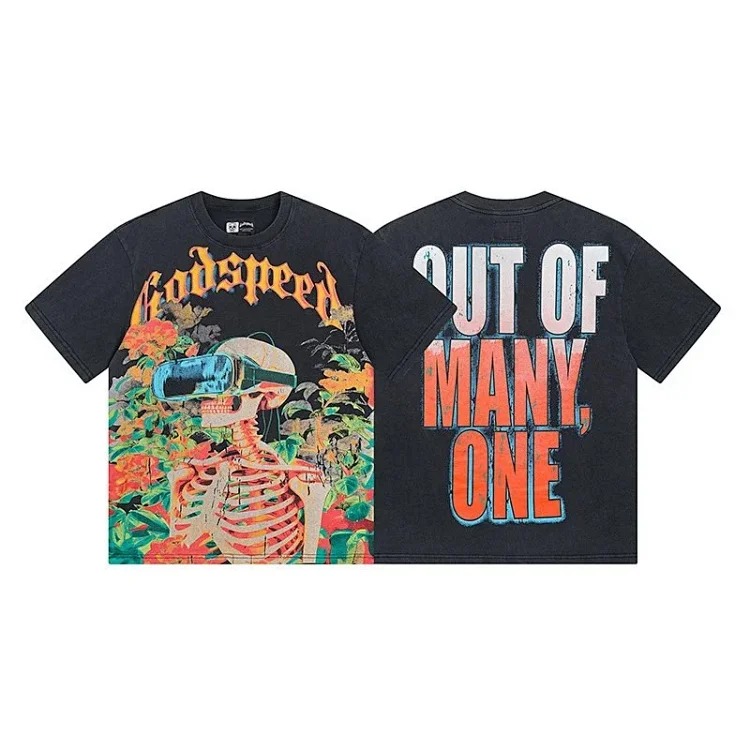 Skull round neck large size loose short sleeve washed T-shirt