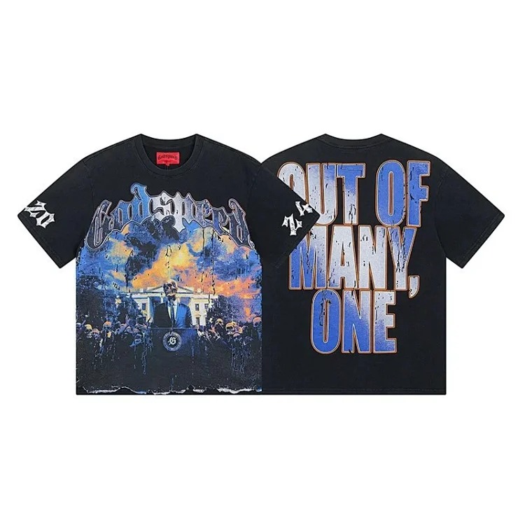 Skull round neck large size loose short sleeve washed T-shirt