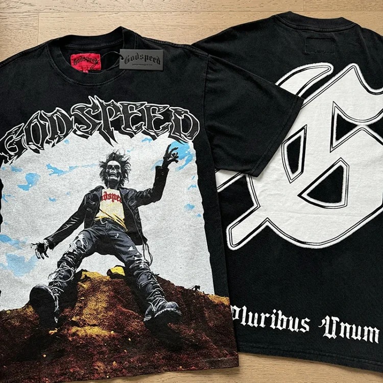 Skull round neck large size loose short sleeve washed T-shirt