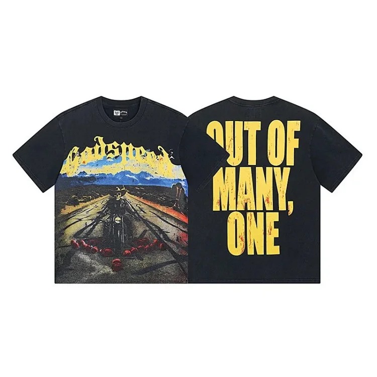 Skull round neck large size loose short sleeve washed T-shirt