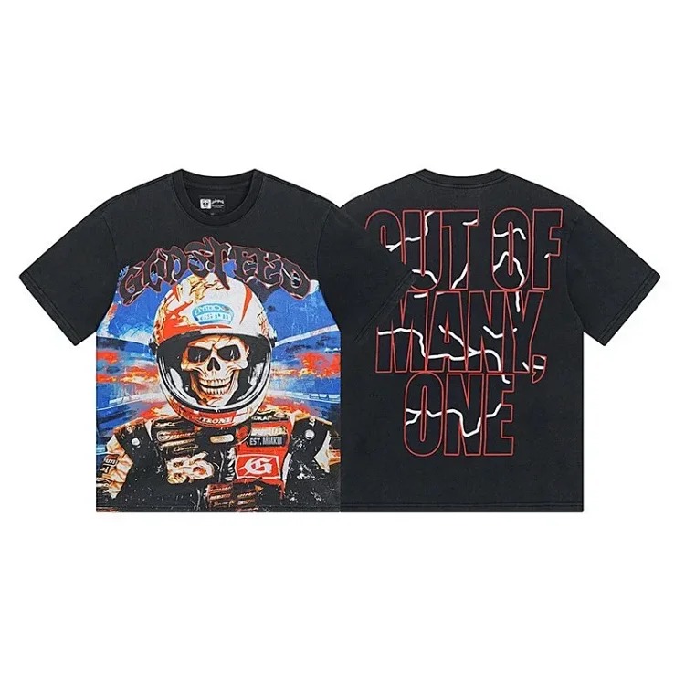 Skull round neck large size loose short sleeve washed T-shirt