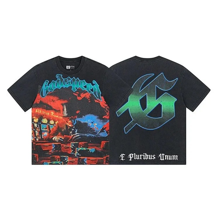 Skull round neck large size loose short sleeve washed T-shirt