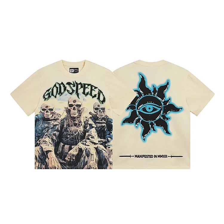 Skull round neck large size loose short sleeve washed T-shirt
