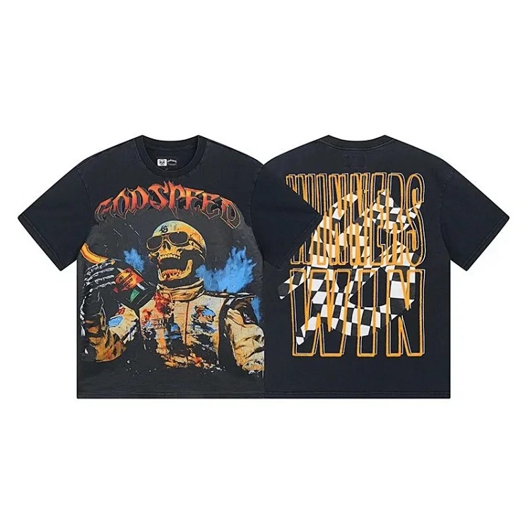 Skull round neck large size loose short sleeve washed T-shirt