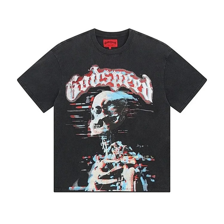 Skull round neck large size loose short sleeve washed T-shirt