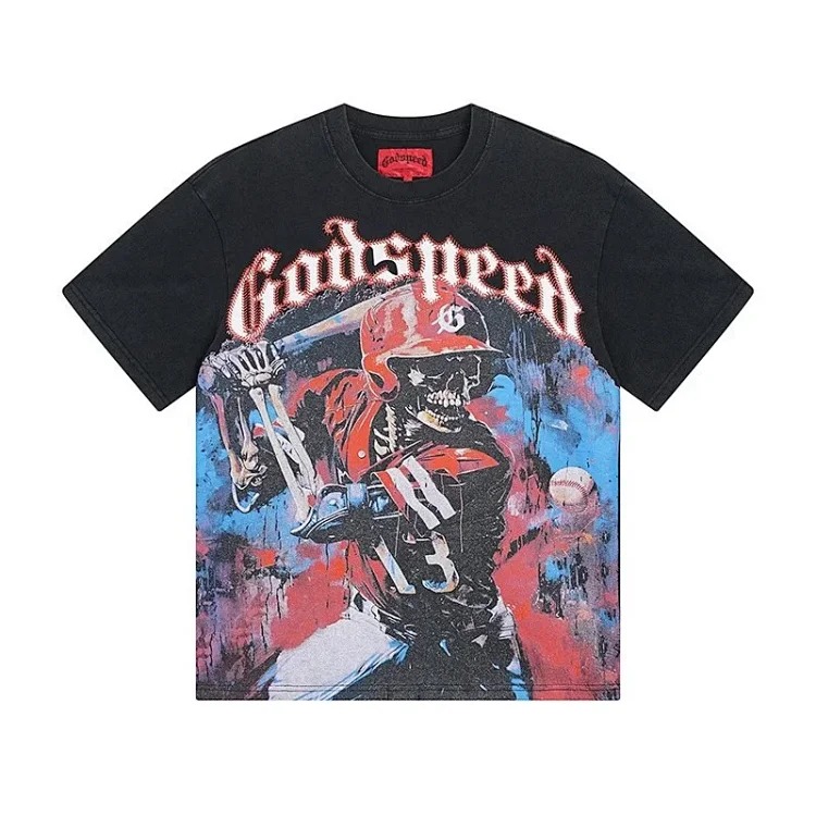 Skull round neck large size loose short sleeve washed T-shirt