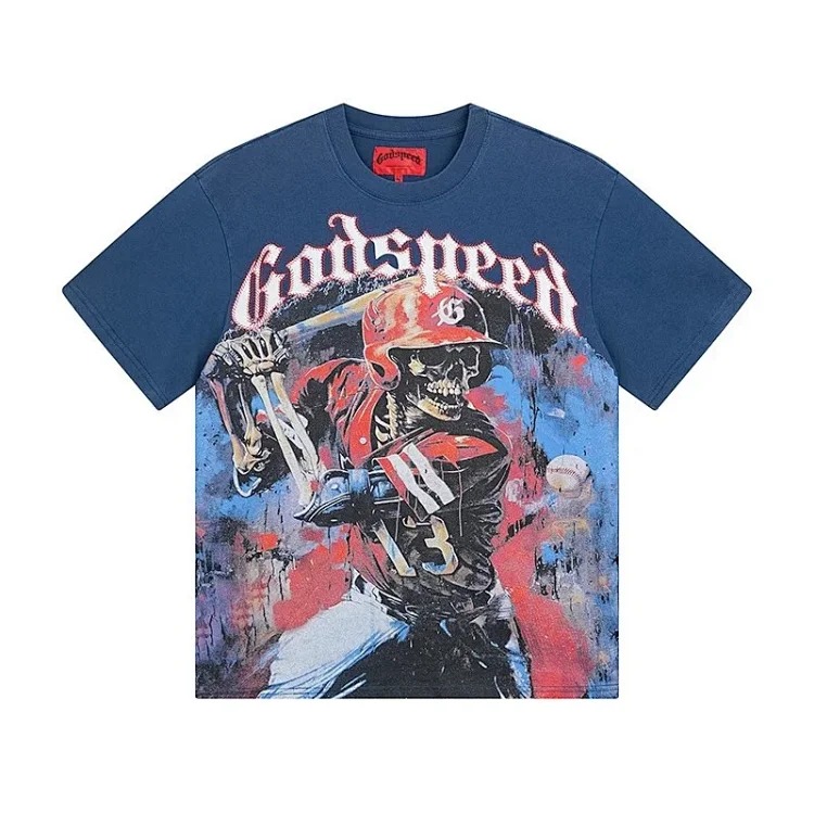 Skull round neck large size loose short sleeve washed T-shirt