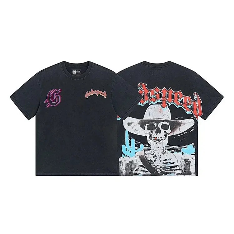 Skull round neck large size loose short sleeve washed T-shirt