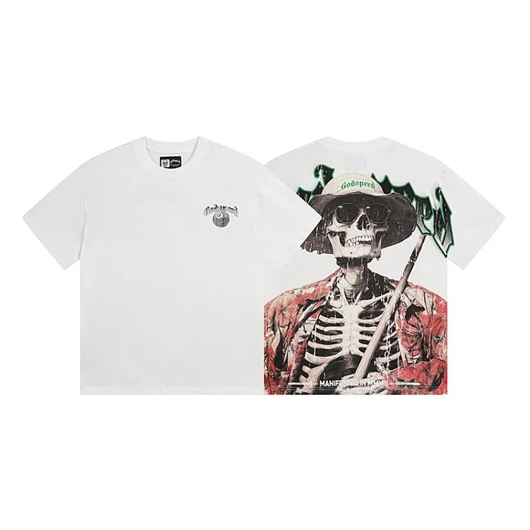 Skull round neck large size loose short sleeve washed T-shirt