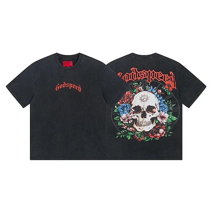 Skull round neck large size loose short sleeve washed T-shirt