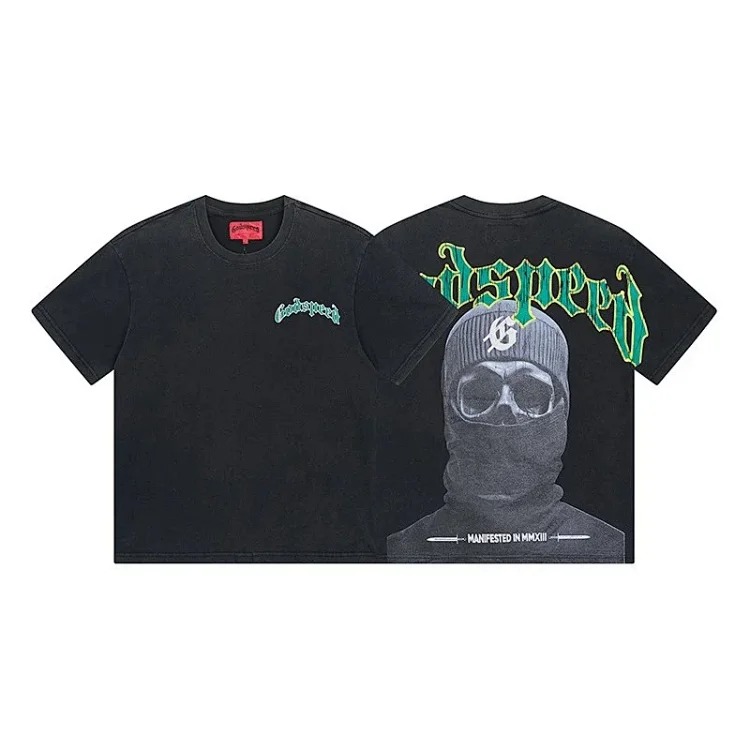 Skull round neck large size loose short sleeve washed T-shirt