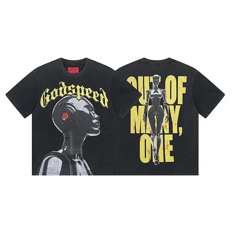 Skull round neck large size loose short sleeve washed T-shirt
