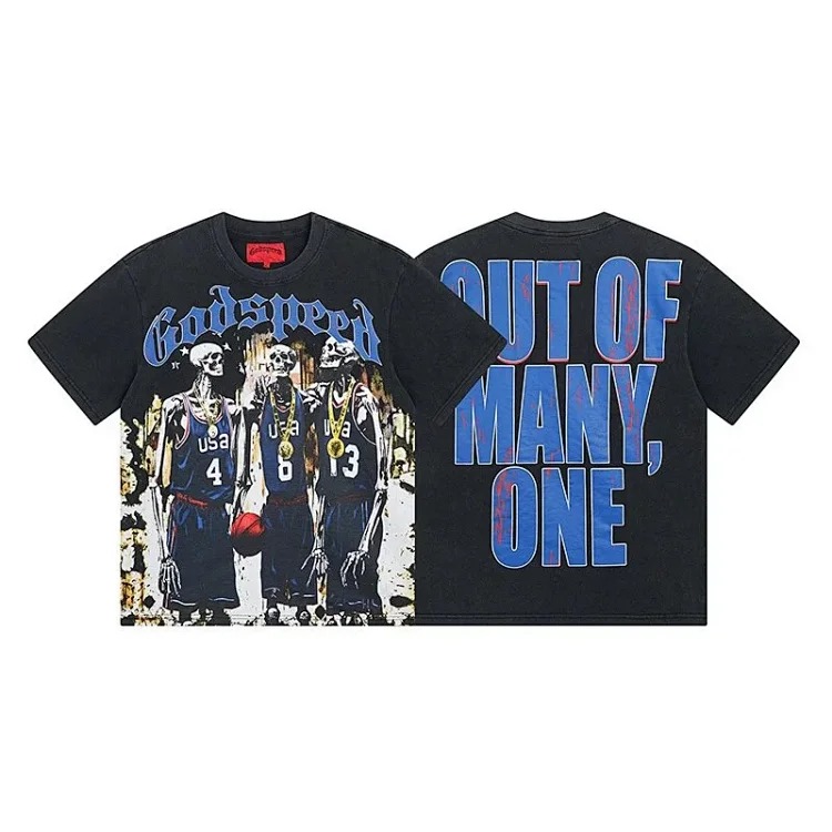 Skull round neck large size loose short sleeve washed T-shirt