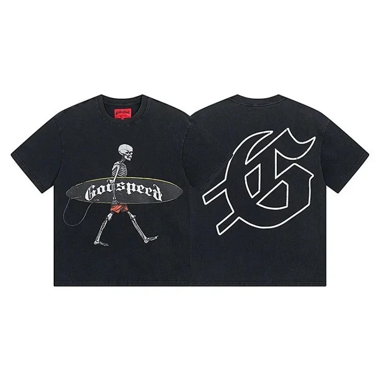 Skull round neck large size loose short sleeve washed T-shirt