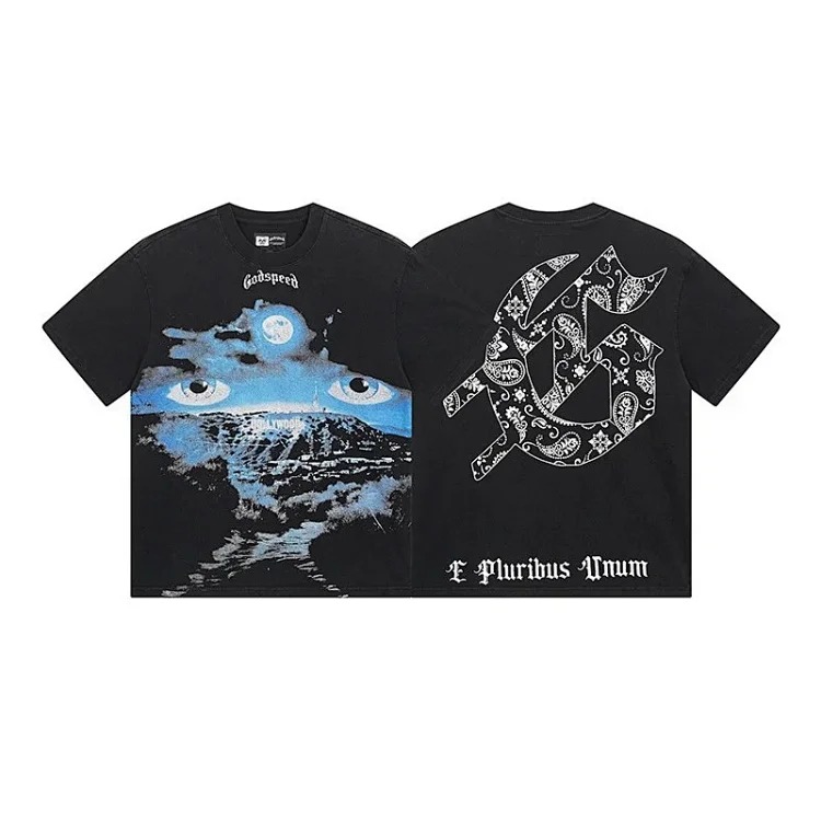 Skull round neck large size loose short sleeve washed T-shirt