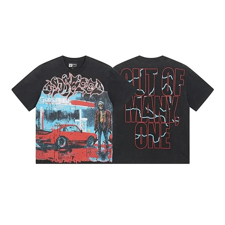 Skull round neck large size loose short sleeve washed T-shirt