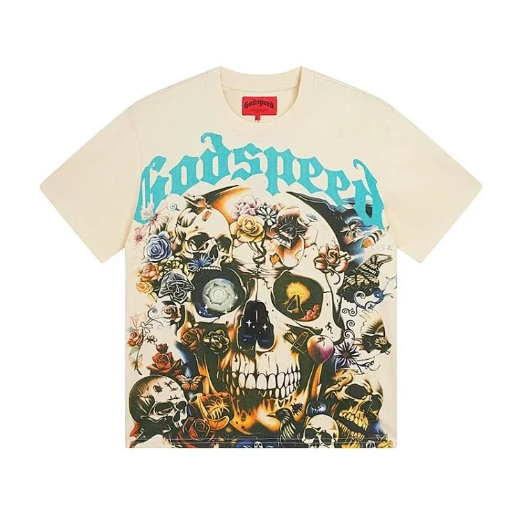 Skull round neck large size loose short sleeve washed T-shirt