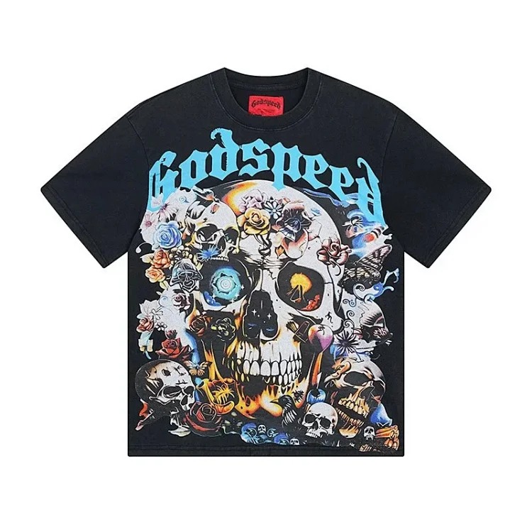 Skull round neck large size loose short sleeve washed T-shirt