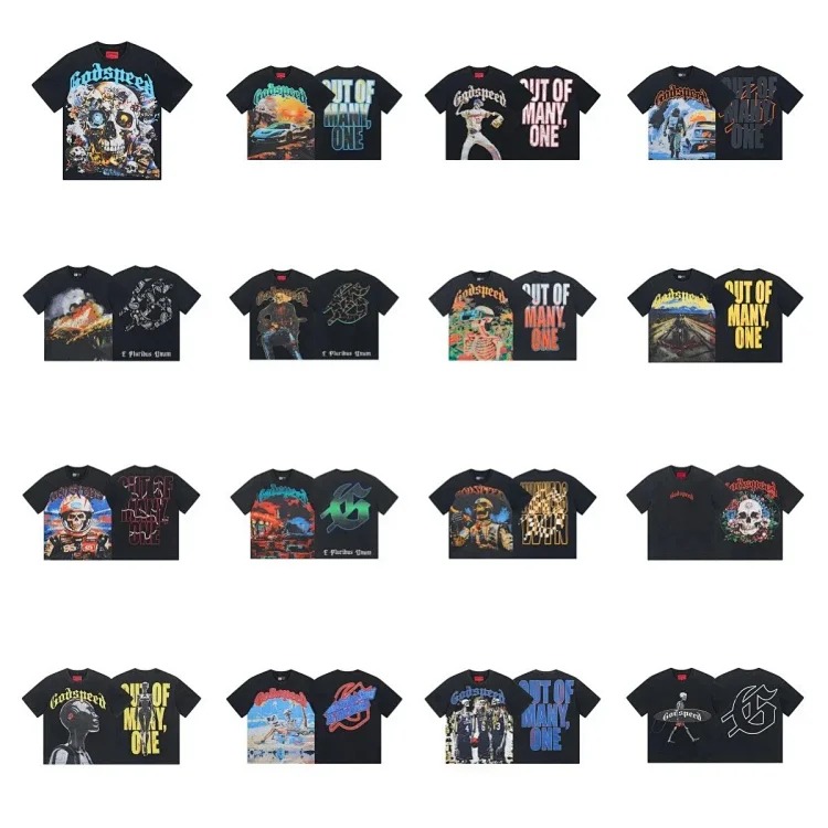 Skull round neck large size loose short sleeve washed T-shirt