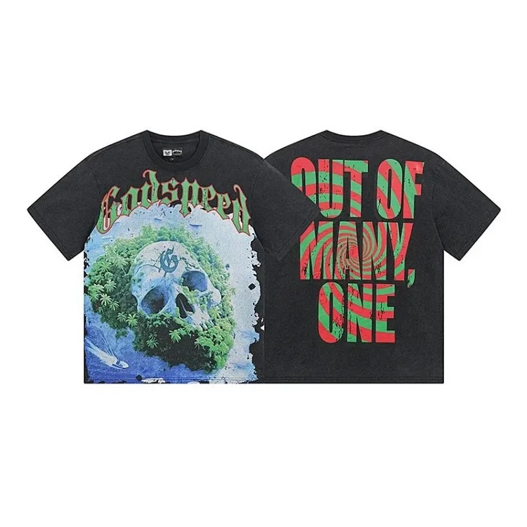 Skull round neck large size loose short sleeve washed T-shirt