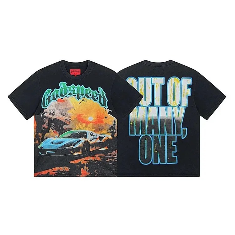 Skull round neck large size loose short sleeve washed T-shirt