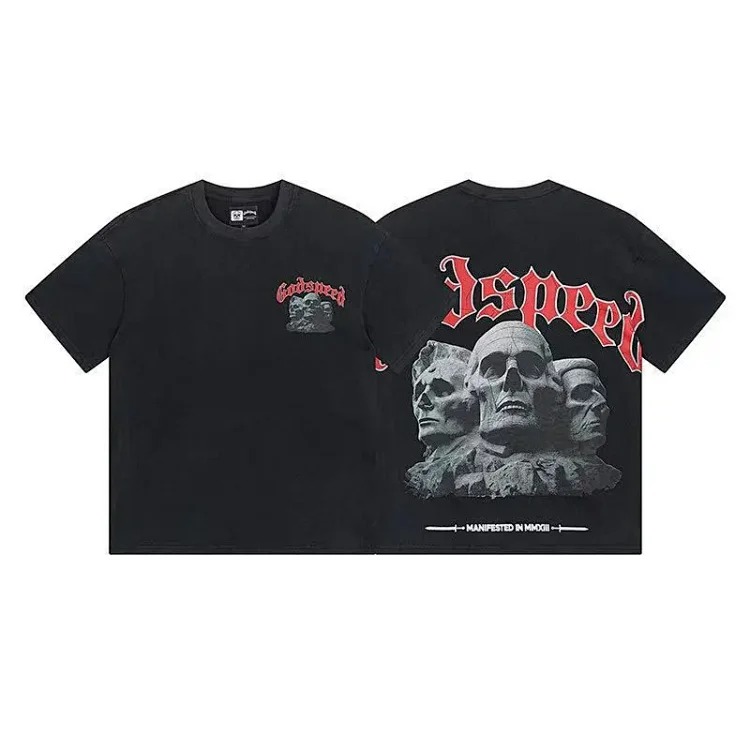 Skull round neck large size loose short sleeve washed T-shirt