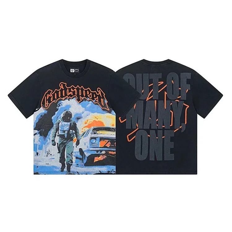Skull round neck large size loose short sleeve washed T-shirt