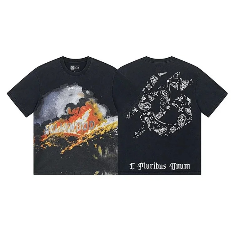 Skull round neck large size loose short sleeve washed T-shirt