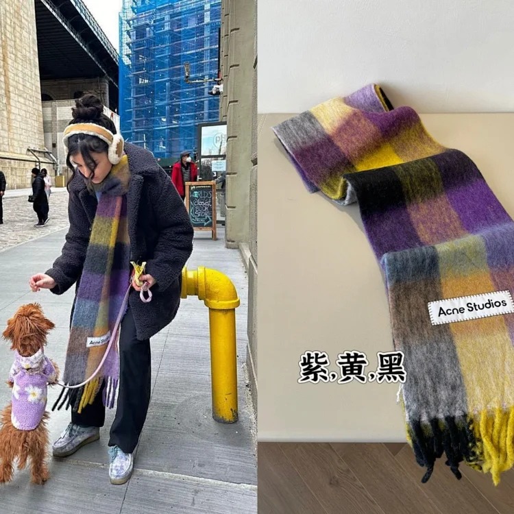 Mohair wool scarf, colorful plaid scarf, gradient wool scarf