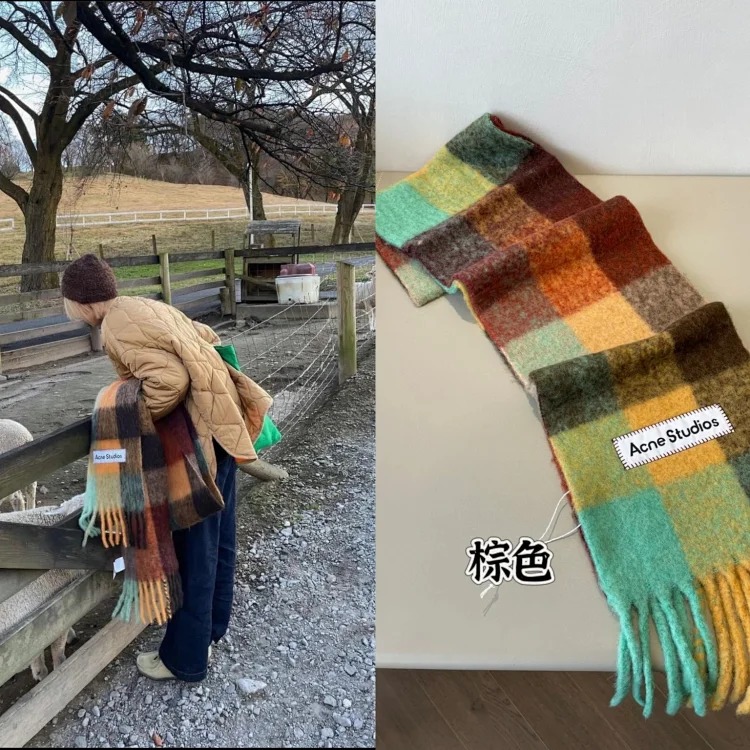 Mohair wool scarf, colorful plaid scarf, gradient wool scarf