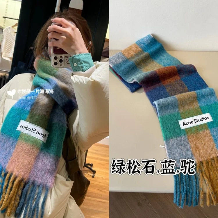 Mohair wool scarf, colorful plaid scarf, gradient wool scarf