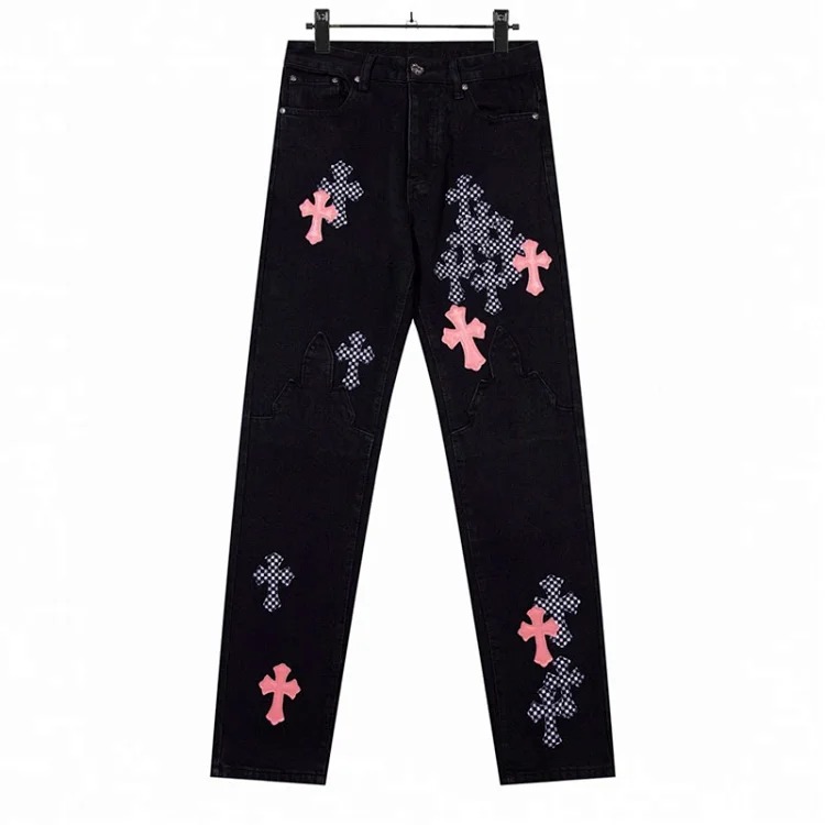 Chrome Hearts CH jeans cross denim patched leather loose