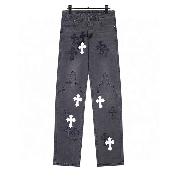 Chrome Hearts CH jeans cross denim patched leather loose