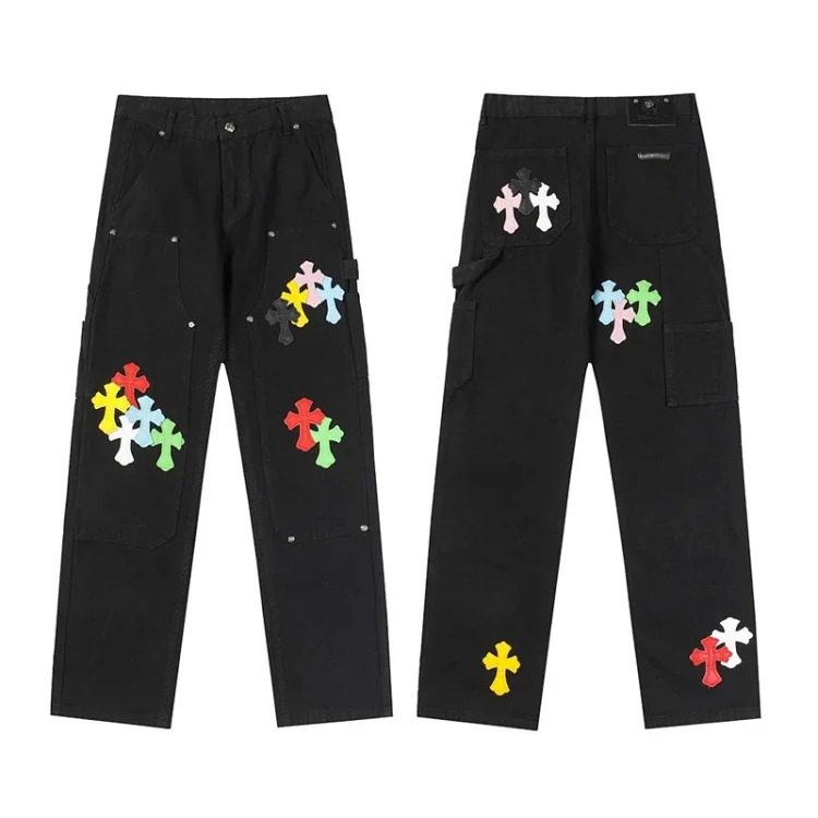 Chrome Hearts CH jeans cross denim patched leather loose