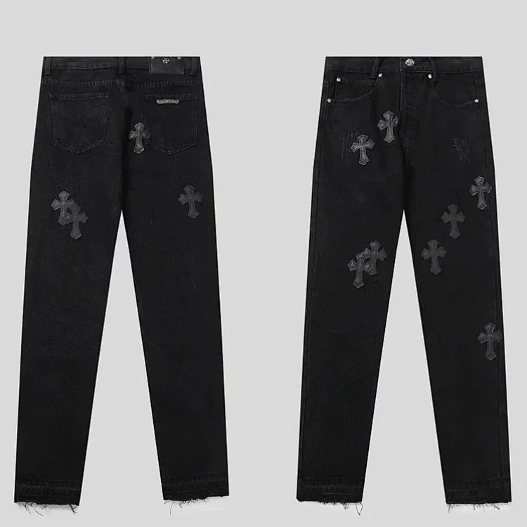 Chrome Hearts CH jeans cross denim patched leather loose