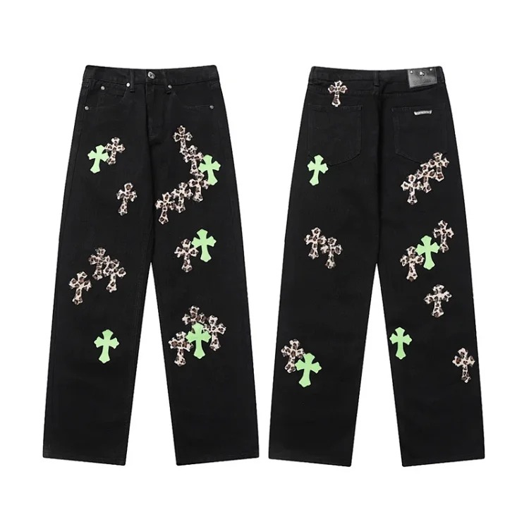 Chrome Hearts CH jeans cross denim patched leather loose