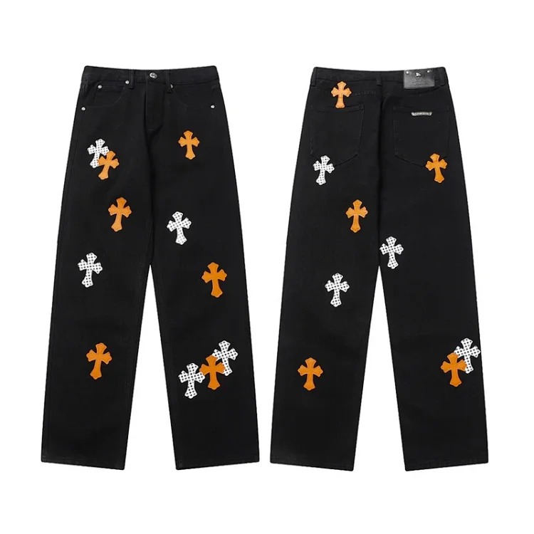 Chrome Hearts CH jeans cross denim patched leather loose