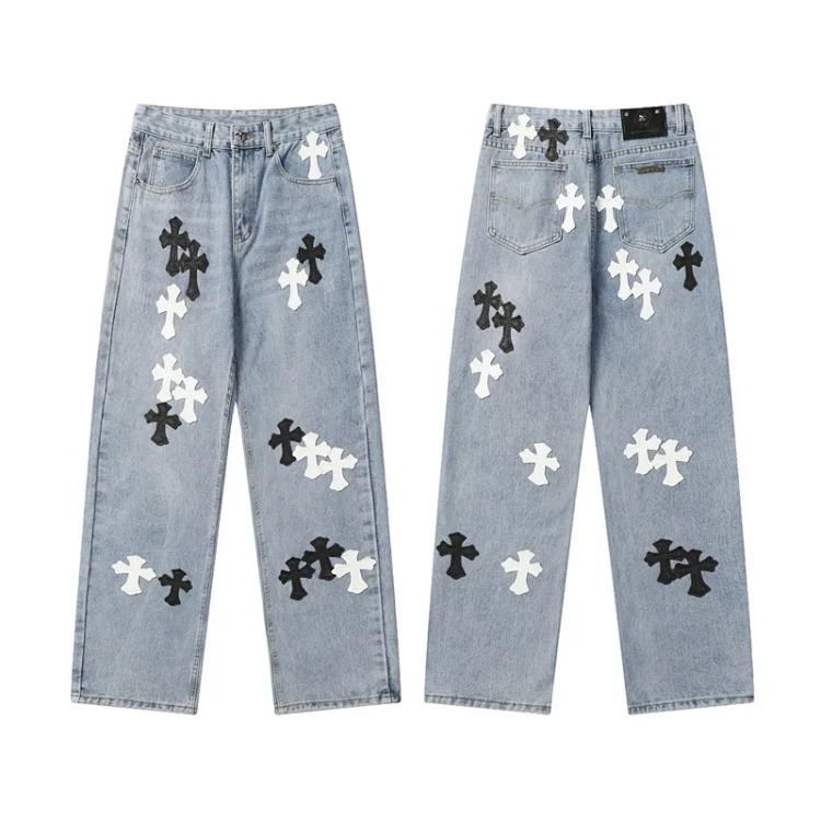Chrome Hearts CH jeans cross denim patched leather loose
