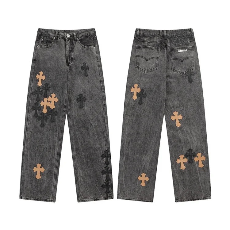 Chrome Hearts CH jeans cross denim patched leather loose