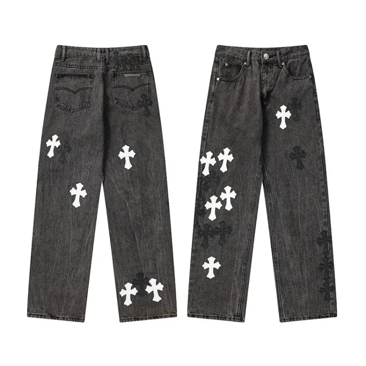 Chrome Hearts CH jeans cross denim patched leather loose