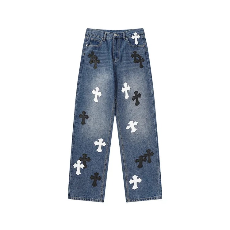 Chrome Hearts CH jeans cross denim patched leather loose