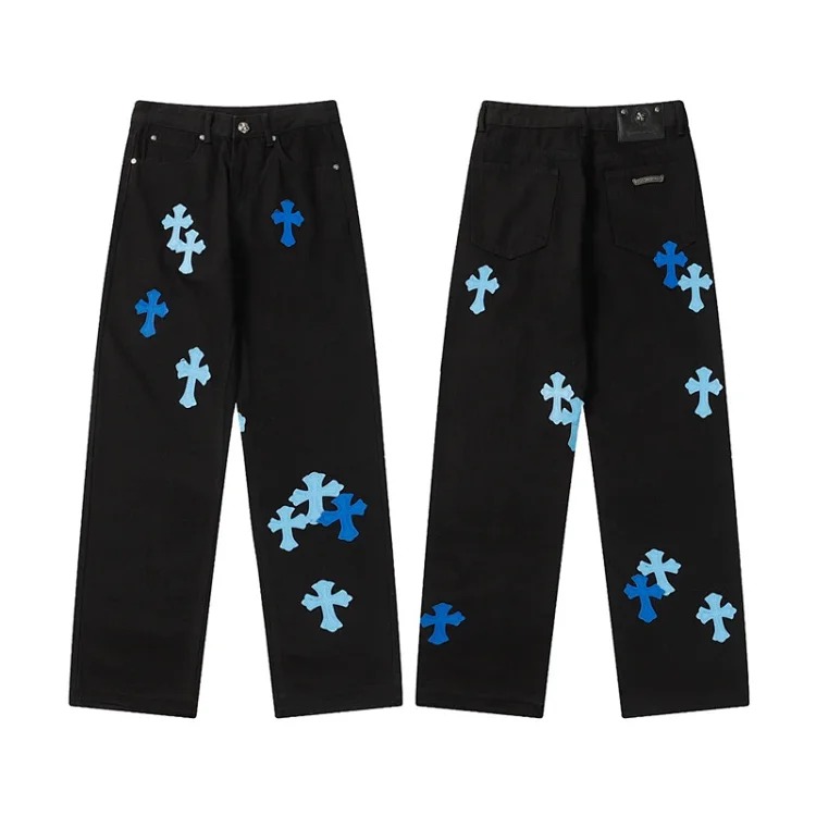 Chrome Hearts CH jeans cross denim patched leather loose