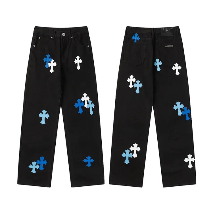 Chrome Hearts CH jeans cross denim patched leather loose