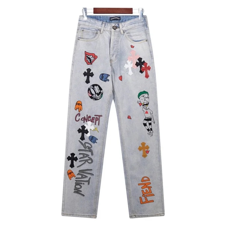 Chrome Hearts CH jeans cross denim patched leather loose