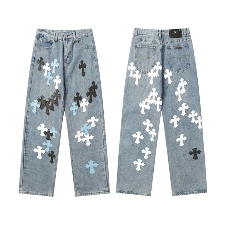 Chrome Hearts CH jeans cross denim patched leather loose