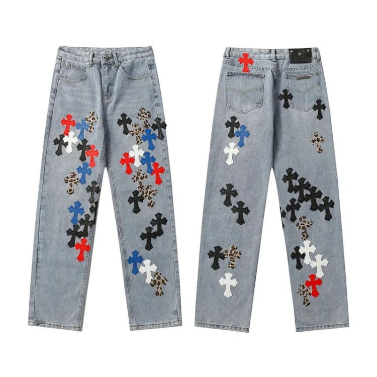 Chrome Hearts CH jeans cross denim patched leather loose