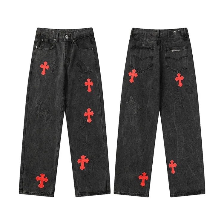 Chrome Hearts CH jeans cross denim patched leather loose