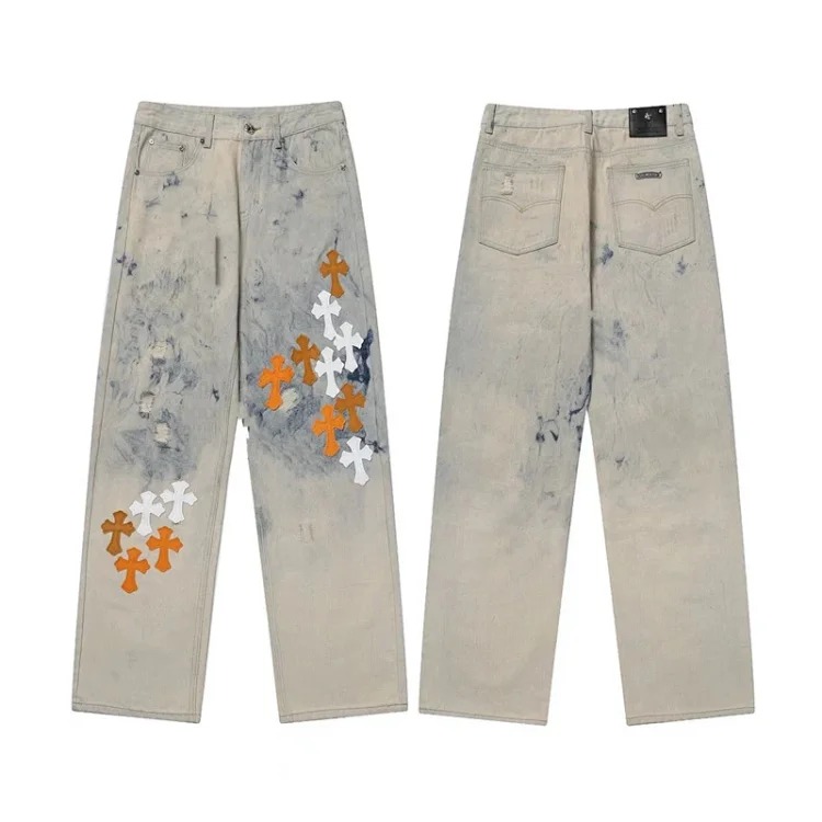 Chrome Hearts CH jeans cross denim patched leather loose