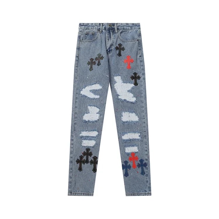 Chrome Hearts CH jeans cross denim patched leather loose